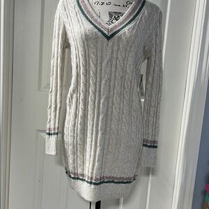 Abercrombie & Fitch V-Neck Sweater - Cream with Green and Pink Accents